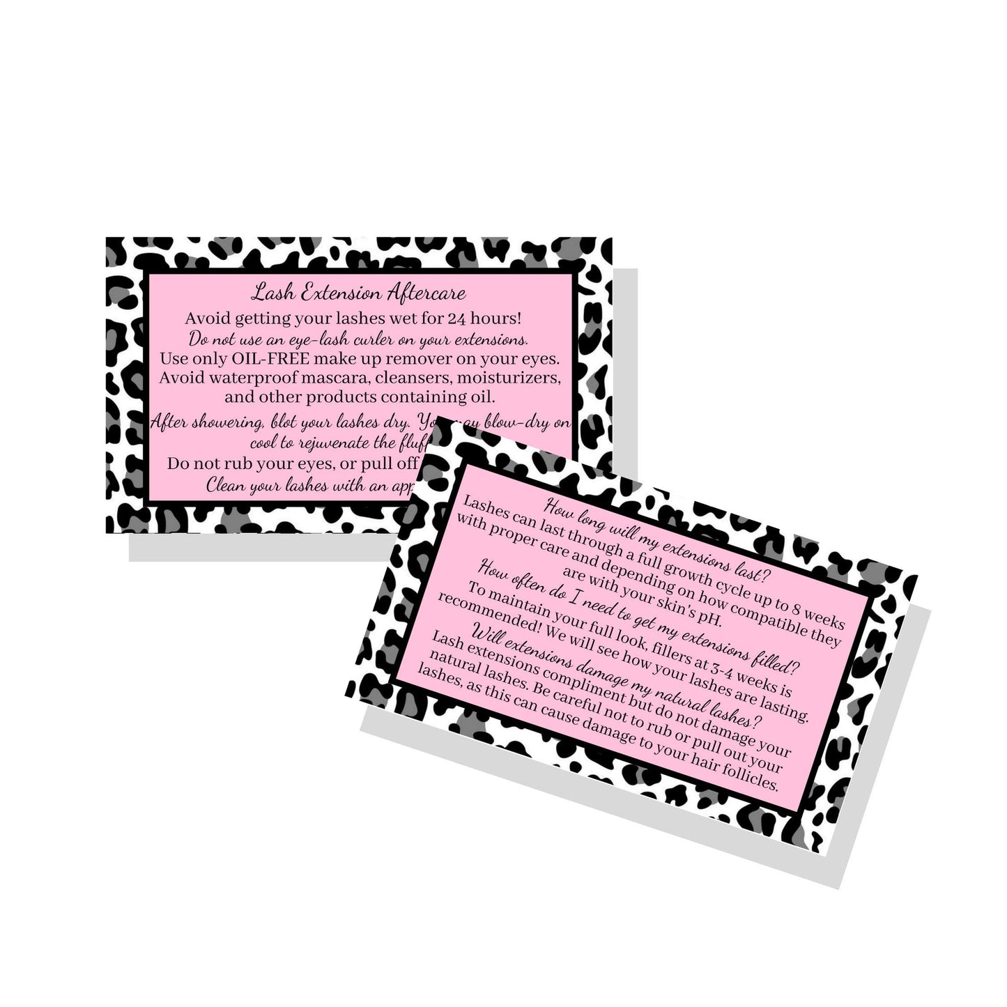 Lash Extension Aftercare Instructions Cards | Package of 50 | Leopard Print with Pink Inlay Design Double Sided Size 3.5 x 2" inches After Care (3-4 Week Fillers)