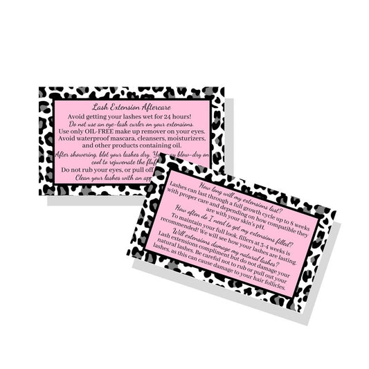 Lash Extension Aftercare Instructions Cards | Package of 50 | Leopard Print with Pink Inlay Design Double Sided Size 3.5 x 2" inches After Care (3-4 Week Fillers)
