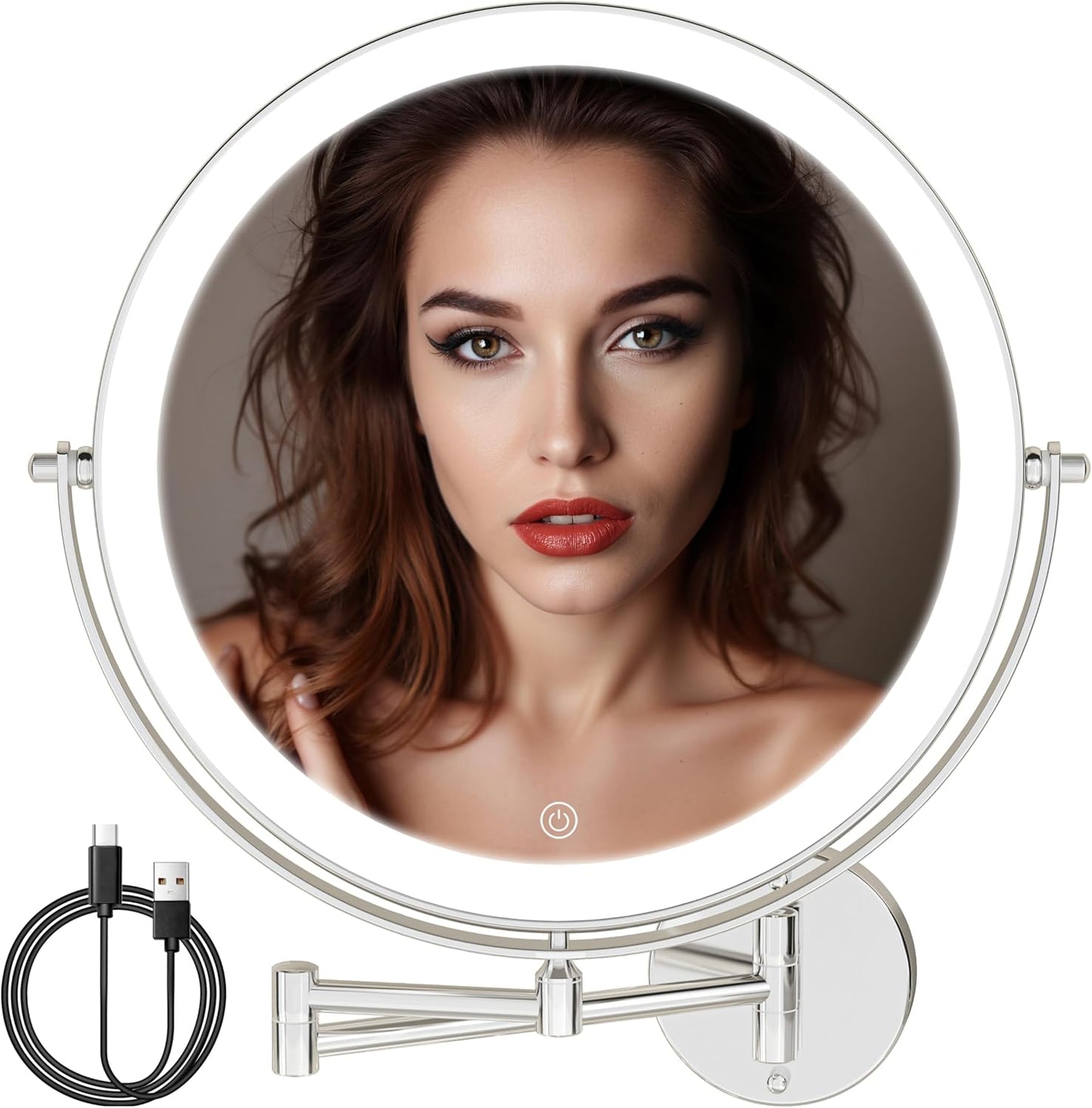 Wall Mounted Makeup Mirror with Light - 10” Double-Sided 1X/7X Magnification | Dimmable 3-Color Touch Control, 360° Rotation