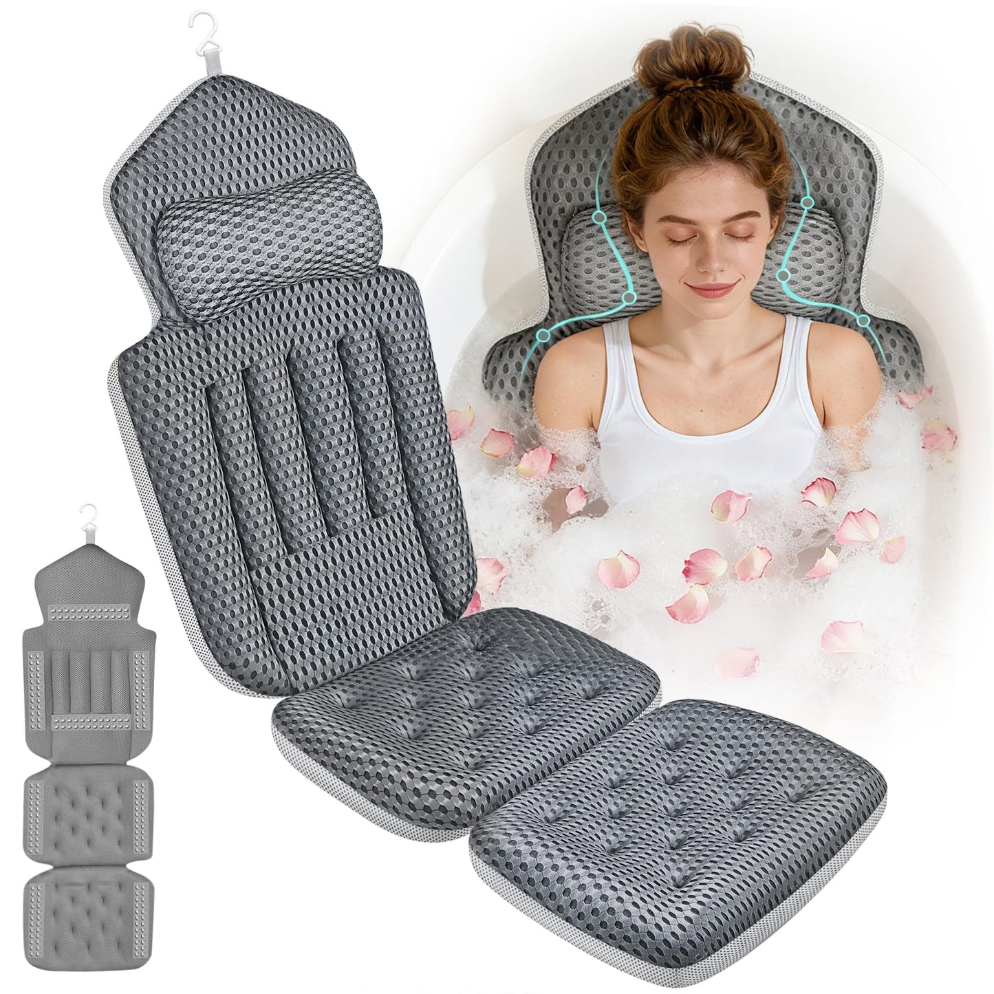 Upgraded Full Body Bath Pillow for Bathtub,Luxury Thick Bath Cushion for Soaking Tub with 192 Suction Cups,Full Body Bathtub Pillows for Head and Neck Shoulder Support,4D Air Mesh, 53" x 16" Dark Gray