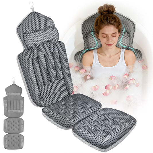Upgraded Full Body Bath Pillow for Bathtub,Luxury Thick Bath Cushion for Soaking Tub with 192 Suction Cups,Full Body Bathtub Pillows for Head and Neck Shoulder Support,4D Air Mesh, 53" x 16" Dark Gray