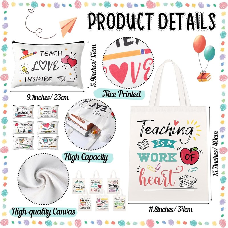 Teacher Appreciation Gift - 12 Pcs Canvas Tote & Makeup Bag Set | Perfect Thank You Gift for Women