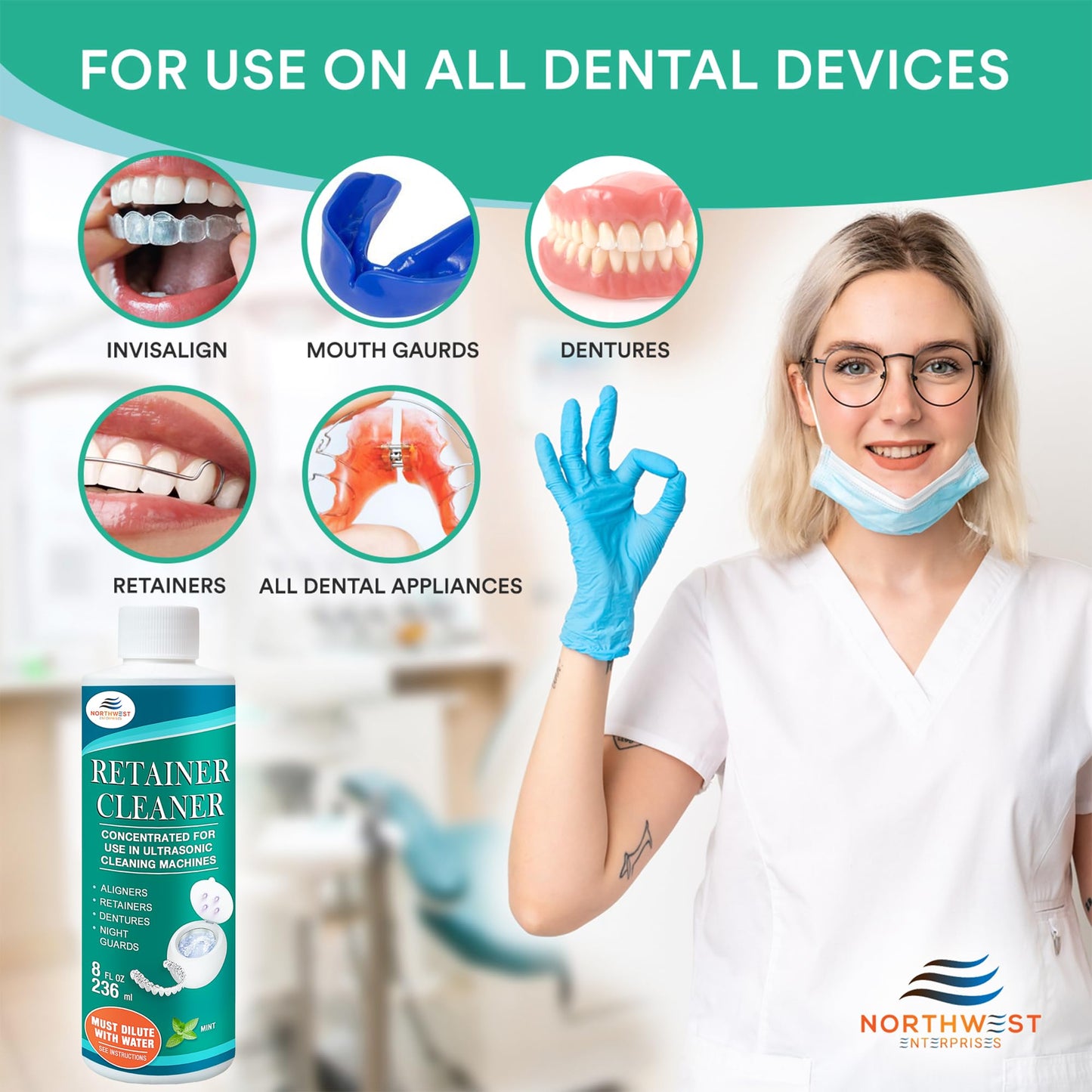 Ultrasonic Retainer Cleaner Solution Concentrate - Ultrasonic Denture Cleaner for Ultrasonic Machines - Cleans Mouthguards, Invisalign, and Nightguards - Updated Formula (Mint) (32 Ounces)