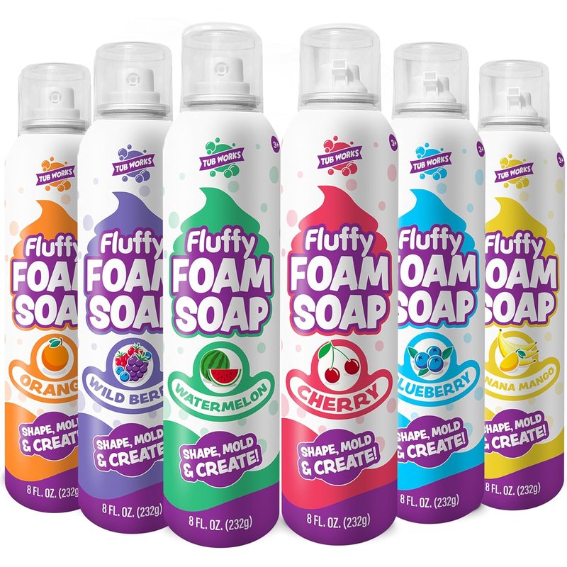 Fluffy Foam Soap for Kids - Create Bath Art with 6-Pack Variety | Gentle Cleansing & Soft Foam | Easy Spray Nozzles, Fruity Colors