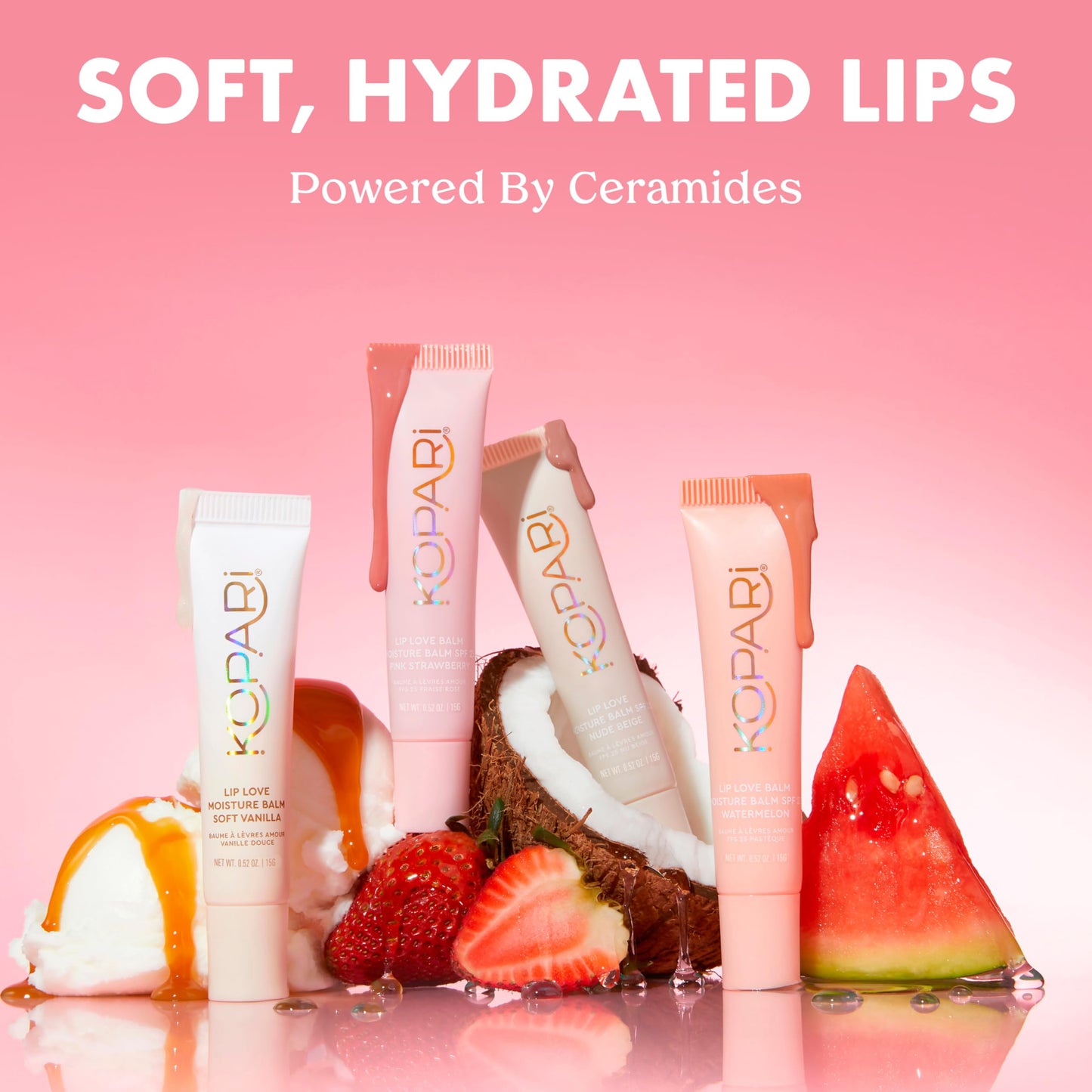 Kopari Lip Love Moisture Balm in Watermelon SPF 30, Tinted Mineral Lip Sunscreen with Ceramides & Squalane, Clean Vegan Hydrating Balm, 0.35 oz