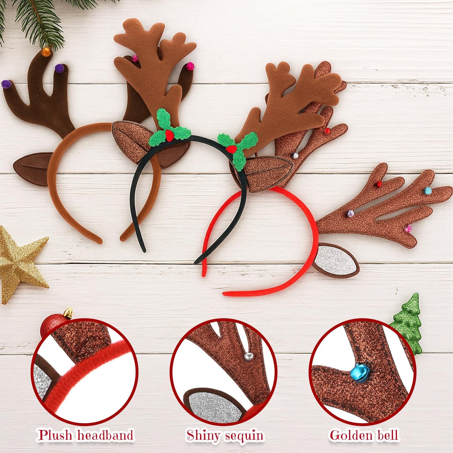 Riceshoot 24 Pcs Christmas Antler Headband Reindeer Headband Deer Plush Ear Antler Hair Hoop Beauty Accessory for Xmas Party(Dark Brown Style)