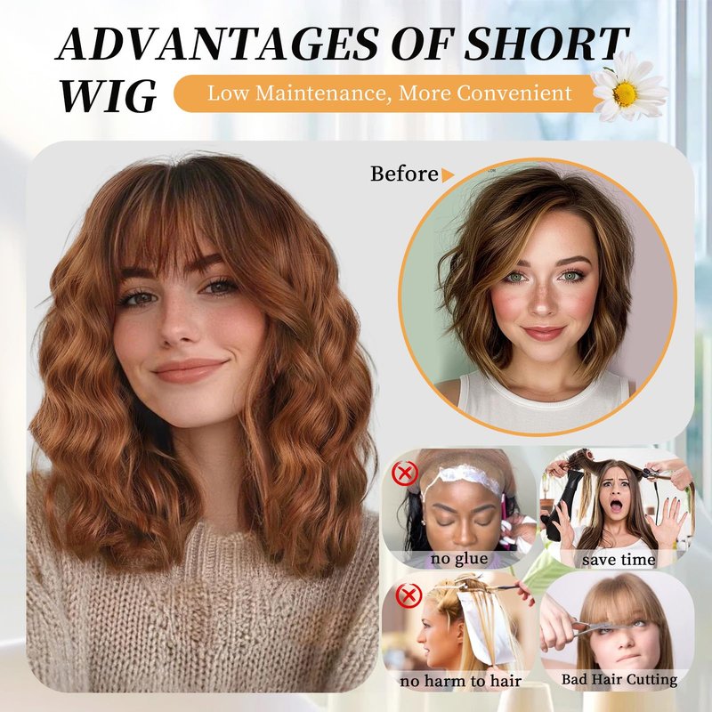 XIXIBI Auburn Wigs for Women Bob Wig with Bangs Short Curly Synthetic Shoulder Length Hair Wavy Natural Looking for Party Daily Use