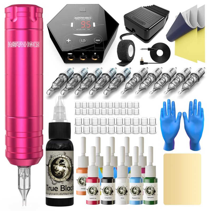 Wormhole Tattoo Kit for Beginners Complete Rotary Tattoo Machine Kit with 11PCS Tattoo Ink 10PCS Cartridge Needles Dual Protection Power Supply Full Accessories, All-in-One Tattoo Supplies WTK104