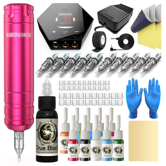 Wormhole Tattoo Kit for Beginners Complete Rotary Tattoo Machine Kit with 11PCS Tattoo Ink 10PCS Cartridge Needles Dual Protection Power Supply Full Accessories, All-in-One Tattoo Supplies WTK104