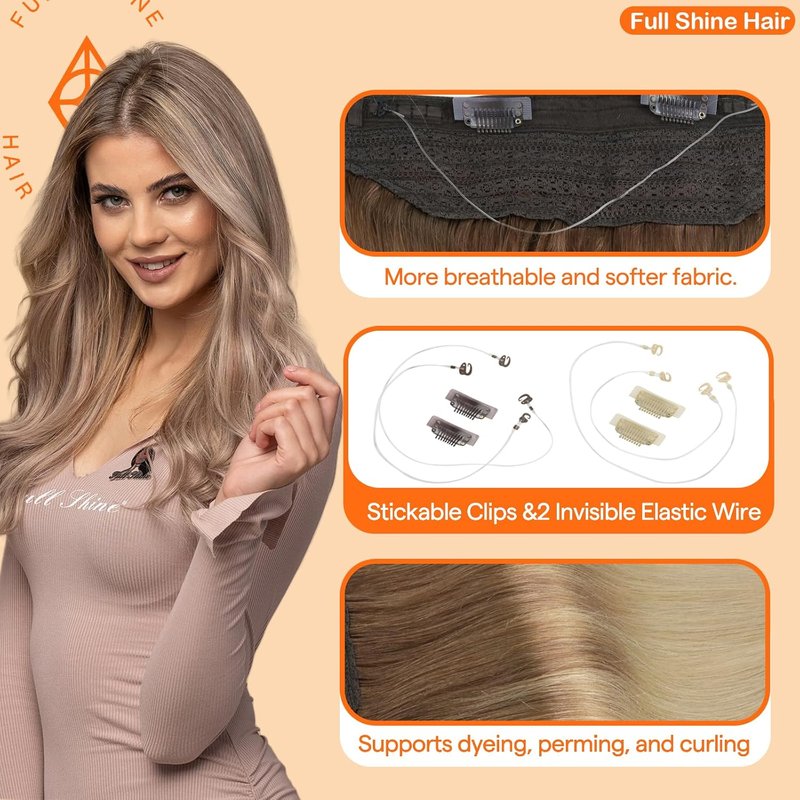 Invisible Wire Hair Extensions - 12 Inch Real Human Hair | Golden Brown to Dirty Blonde, 70g Fishing Line Secret Hairpiece