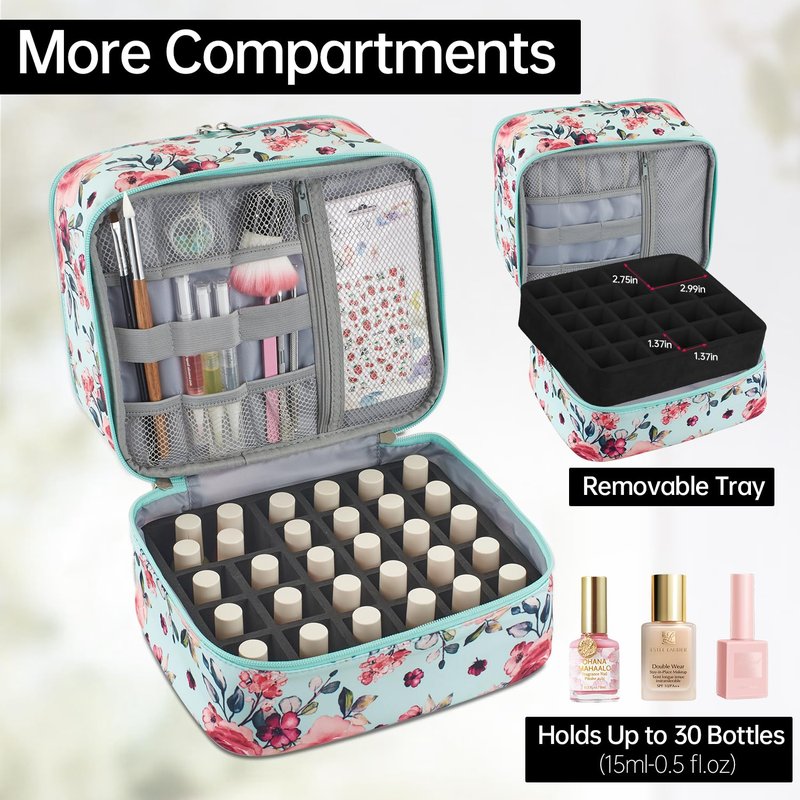Buruis Double-Layer Nail Polish Organizer Bag, Holds 27 Bottles (15ML/0.5 FL.OZ or Larger), Nail Tools & Dryer Storage Case with Adjustable Dividers (Aqua Floral)