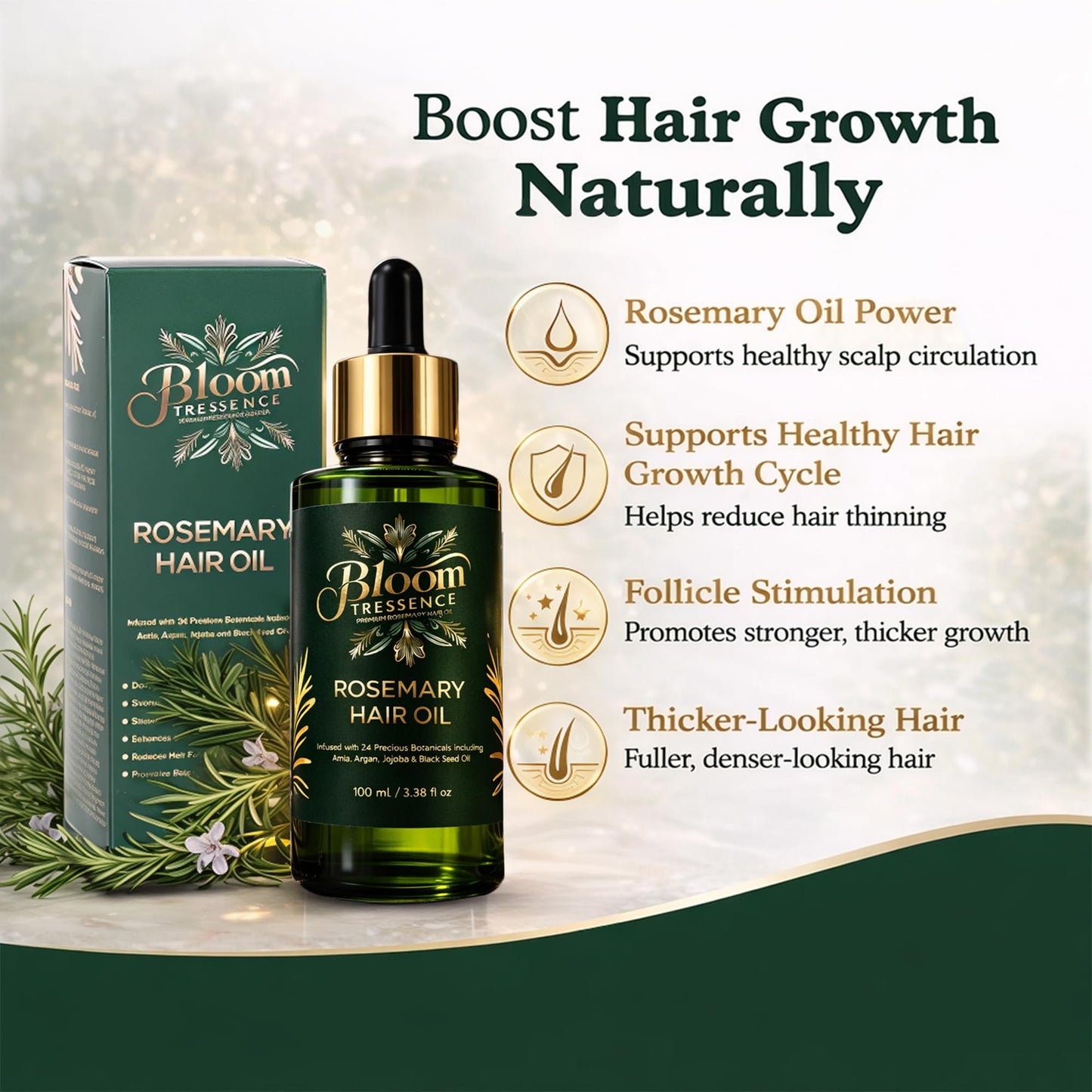 BLOOM TRESSENCE Premium Rosemary Hair Oil for Hair Growth – Anti Hair Fall & Scalp Treatment with 24 Botanical Oils (Amla, Argan, Castor & Jojoba) – For Thinning Hair, Regrowth & Thickness – 100ml