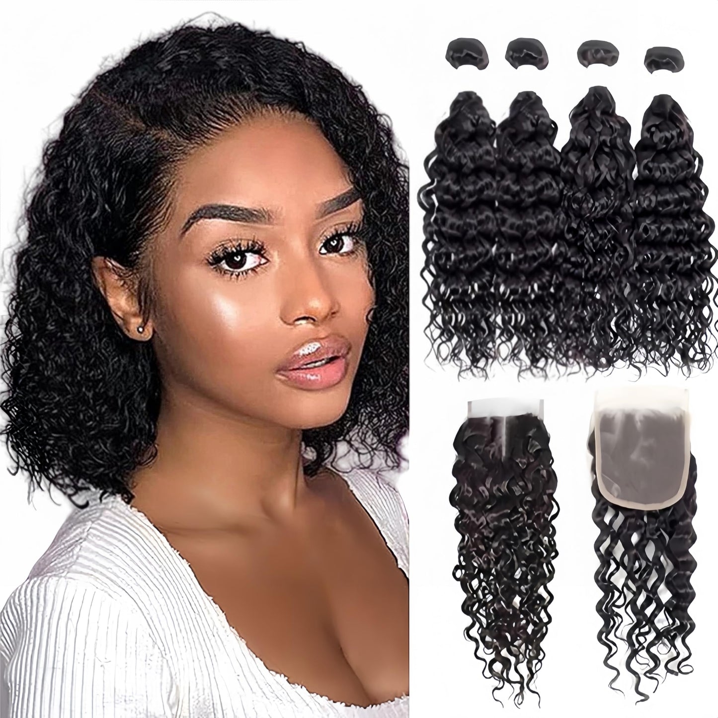 Foruiya Water Wave 4Bundles(50g/bundle) with 4X4 Lace Closure Deep Curly Human Hair Bundles with Closure Brazilian Wet and Wavy Bundles with Closure(8/8/8/8+8")