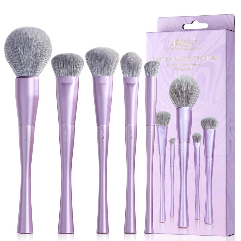 Premium Synthetic Makeup Brushes Set - 5-Piece Face Brushes for Foundation, Contour, Blush & Highlighter | Luxury Purple T514