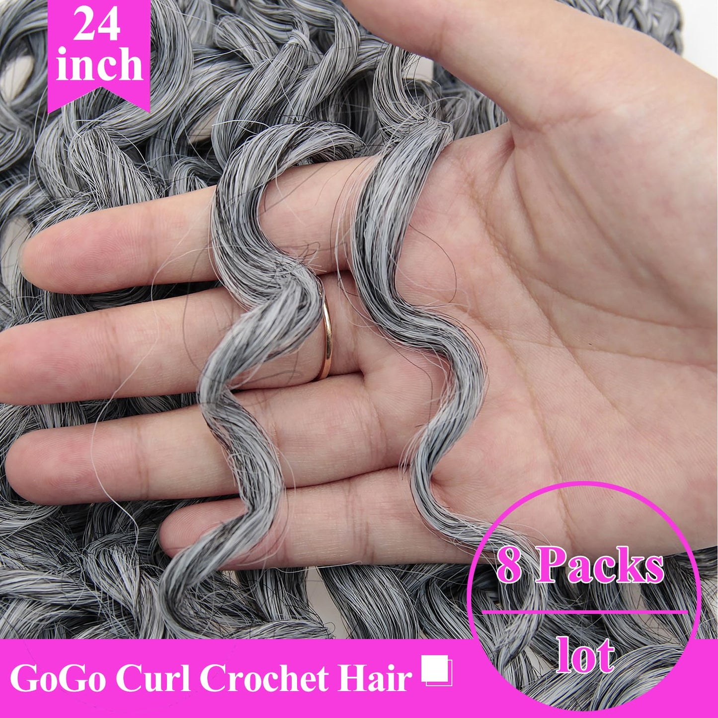 XSASLYET 24 Inch Pre Looped Crochet Hair for Black Women–Gogo Curl Curly Crochet Hair with Deep/Water/Ocean Wave Texture, Lightweight Synthetic Hair, Easy Install, Natural Look (8 Packs, 1B/Grey)