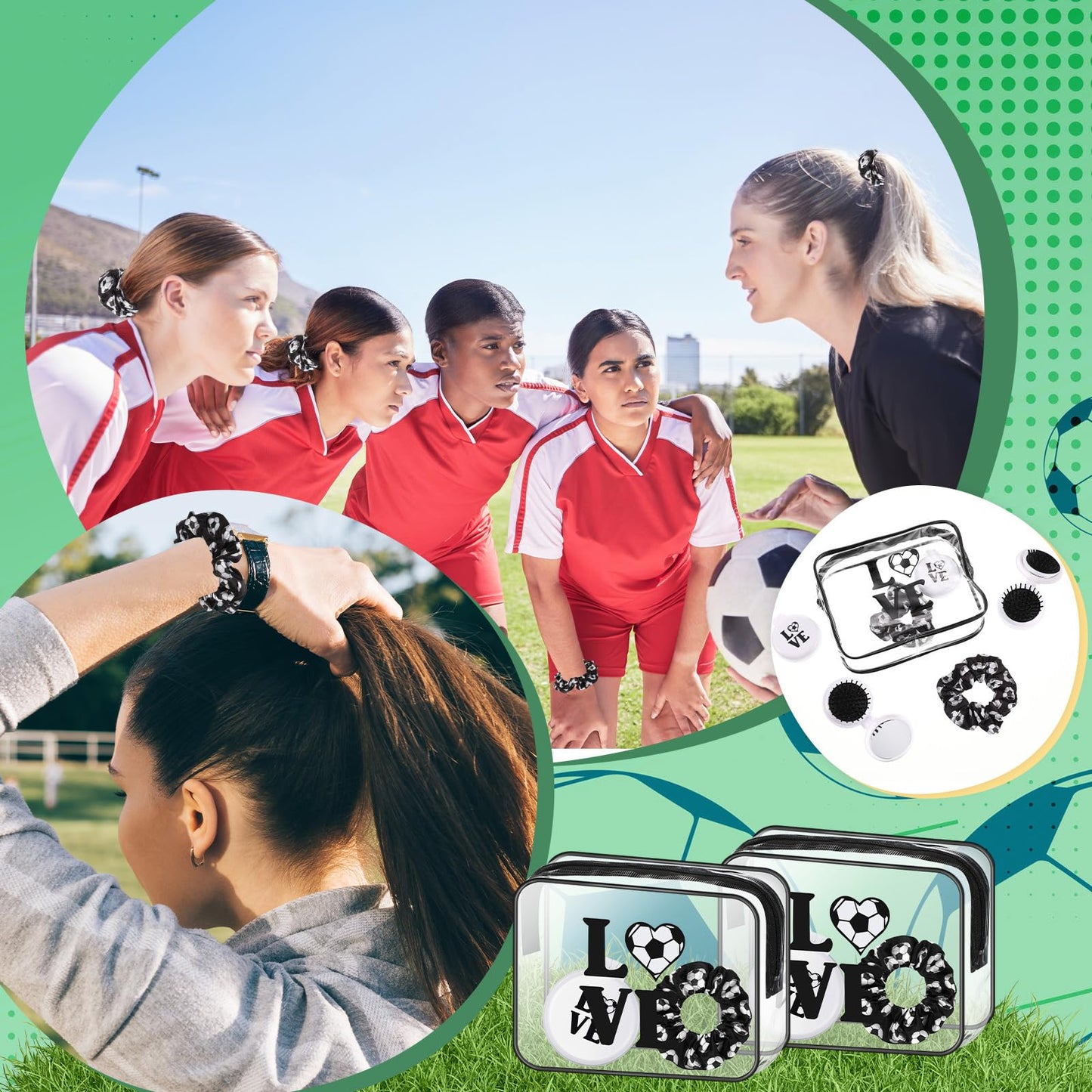 Yungyan 36 Pcs Soccer Gifts 12 Soccer Makeup Bag for Women Party Favors Team Gifts with 12 Sport Hair Scrunchies 12 Round Portable Folding Brush