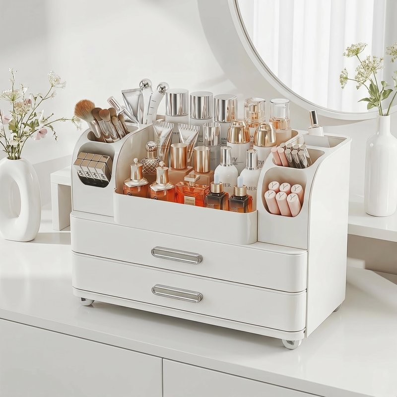 Makeup Organizer with 2 Drawers, Cosmetic Display Case, Storage Holder for Vanity, Bathroom Counter, Desk, Beauty Supplies (All White)