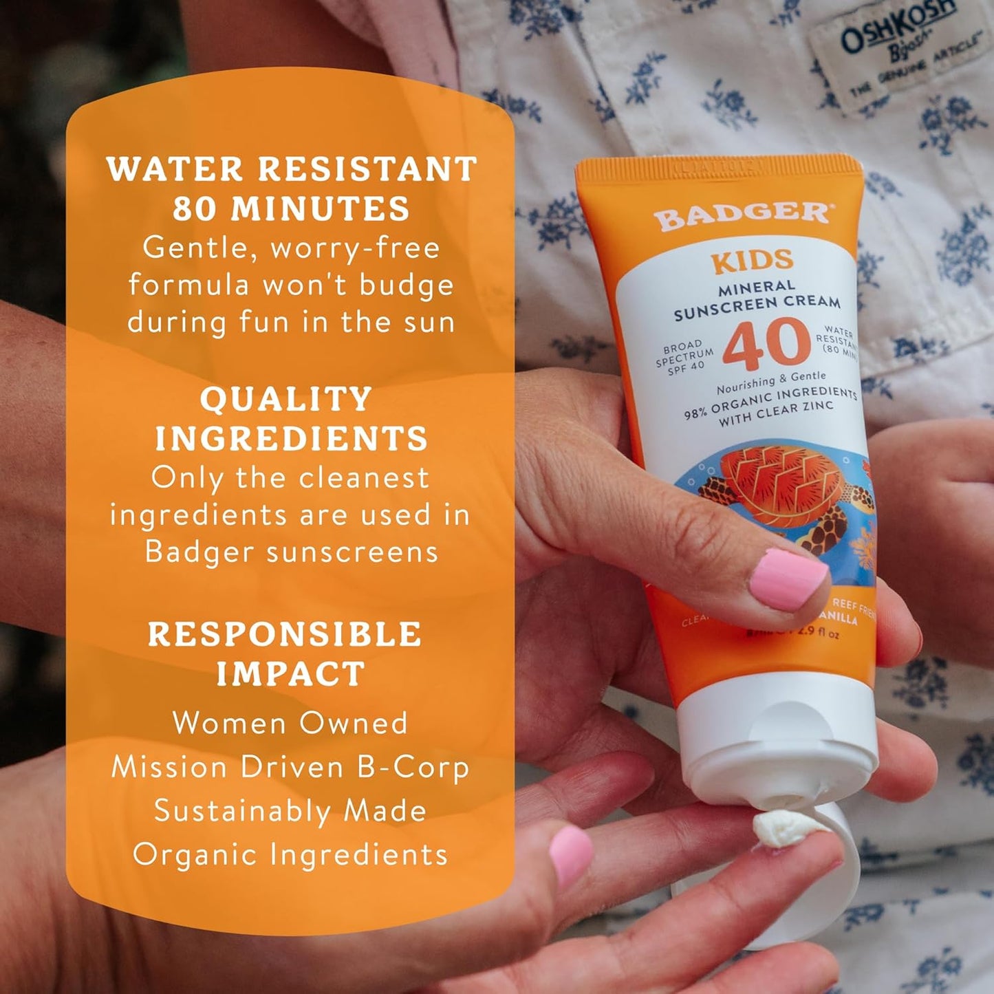 Badger Kids Mineral Sunscreen - SPF 40 Cream & SPF 35 Face Stick | 98% Organic, Water Resistant, Reef Safe, Tangerine & Vanilla Scent