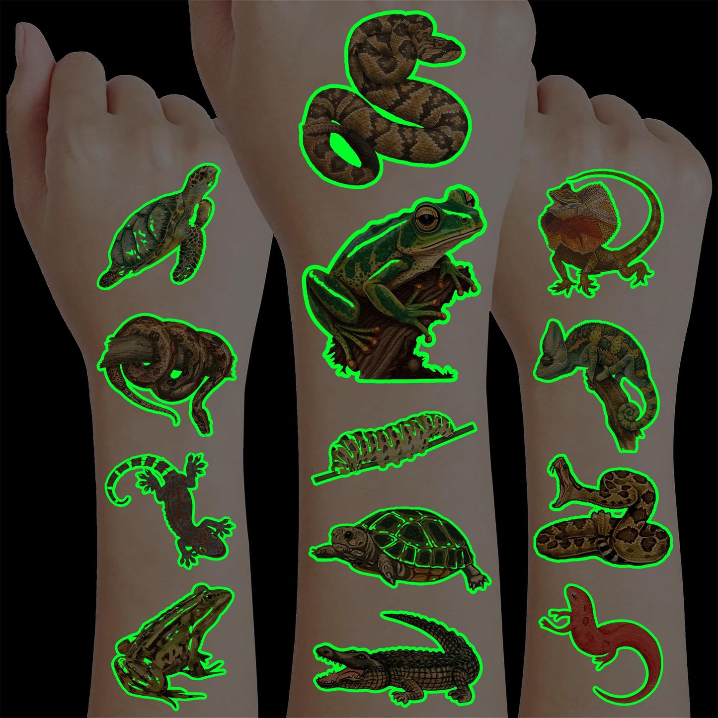 96 PCS Reptile Luminous Temporary Tattoos Glows Pre-Cut Birthday Party Decorations Favors Supplies Lizard Snake Turtle Safari Animals Stickers For Boys Girls Gift School Prizes Rewards (Luminous)