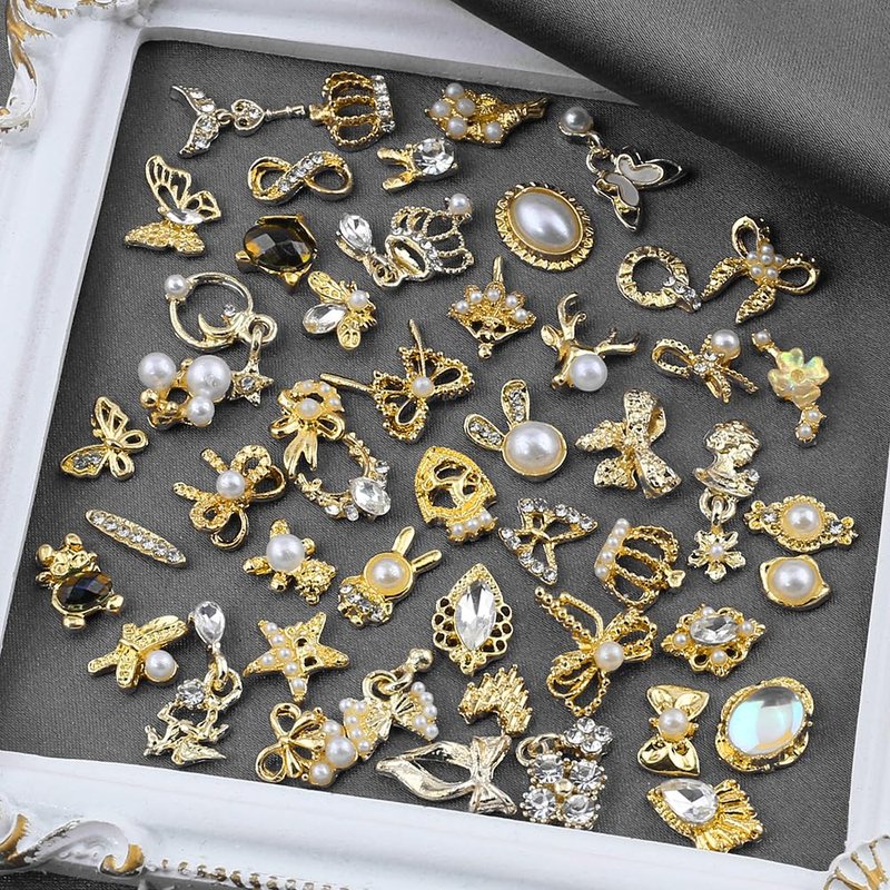 50pcs Gold 3D Alloy Flowers Bows Butterfly Star Crown Heart Charms for Nail Art Design - Mixed Gems Rhinestones Jewels Supplies