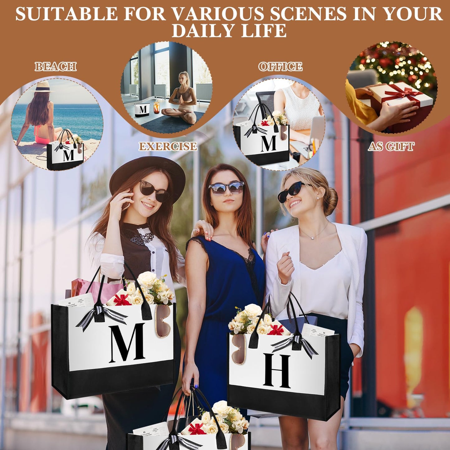 Aliceset Initial Gifts for Women Monogram Canvas Tote Bag and Makeup with Zipper and Initial Glass Coffee Cup Gifts for Her(Letter M)