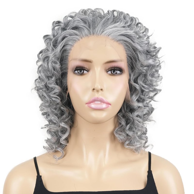 Grey Lace Front Curly Synthetic Wig - Heat Resistant Fiber for Daily Wear | Silver Color