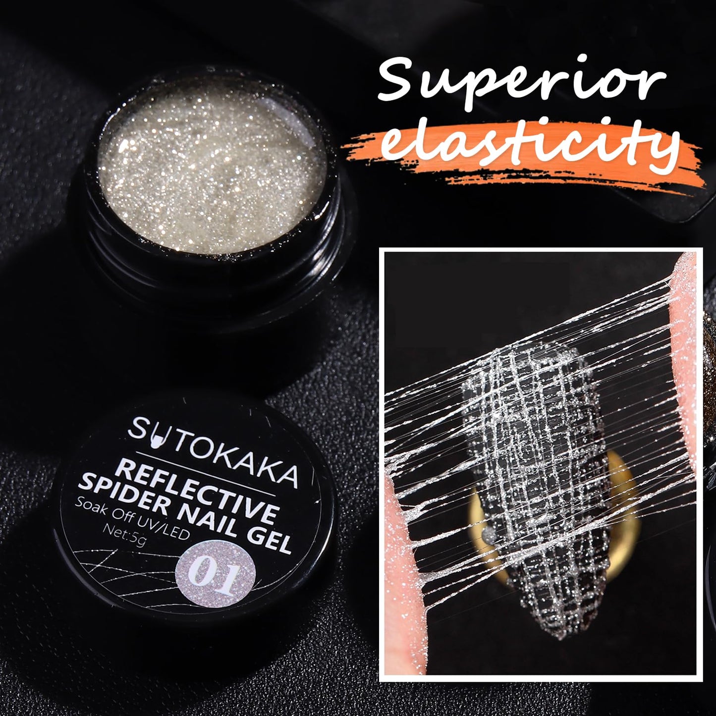 SUTOKAKA Reflective Glitter Spider Gel, 4 Colors Sparkle Diamond Sliver Gold Pink Elastic Spider Gel Polish, Nail Designs Paint Wire Drawing Gels Polish for Line DIY Manicure Home or Salon Use
