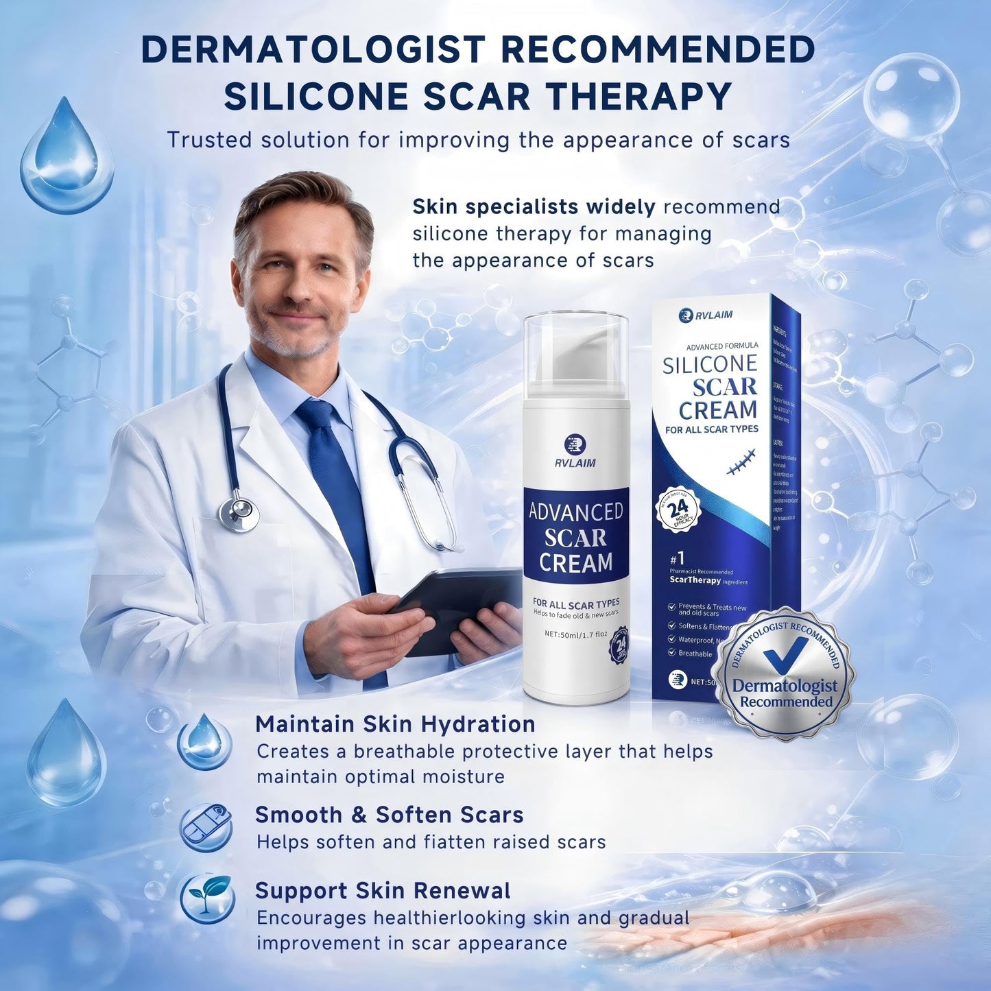 Rvlaim Silicone Scar Cream, Advanced Scar Removal Gel for Old & New Scars, Improves Color & Texture for Post-Surgery, C-Section & Acne Scars, Fast-Drying Non-Greasy Formula, 1.7 fl oz