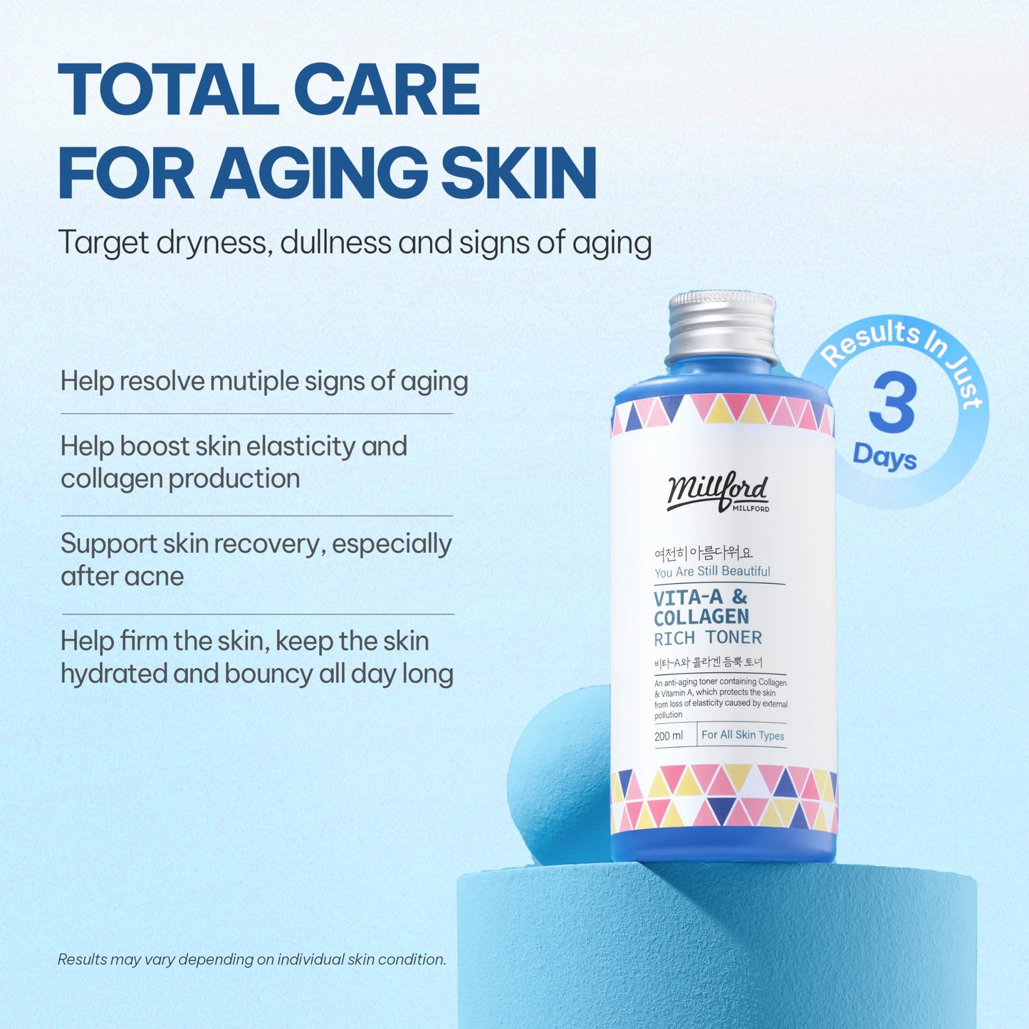 Millford Vita A & Collagen Rich Toner 200ml/6.76 fl.oz - Anti-Aging Retinol Face Toner with Marine Collagen & Panthenol for Fine Lines, Wrinkles, Elasticity & Deep Hydration, Korean Skincare