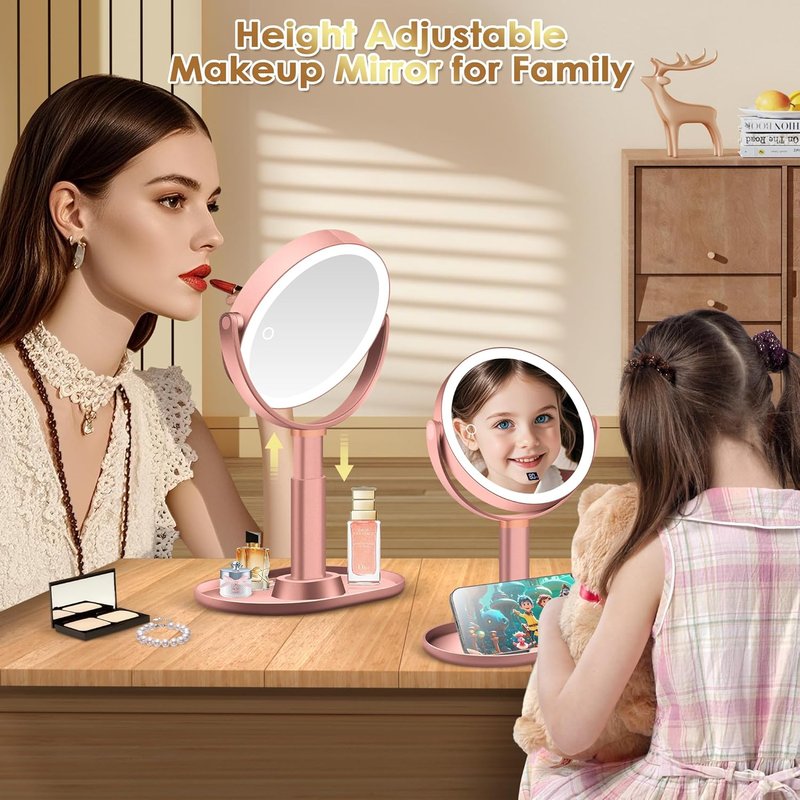 Makeup Mirror with Lights - 30X/1X Magnifying, Height Adjustable | Detachable Travel Vanity Mirror in Rose Gold