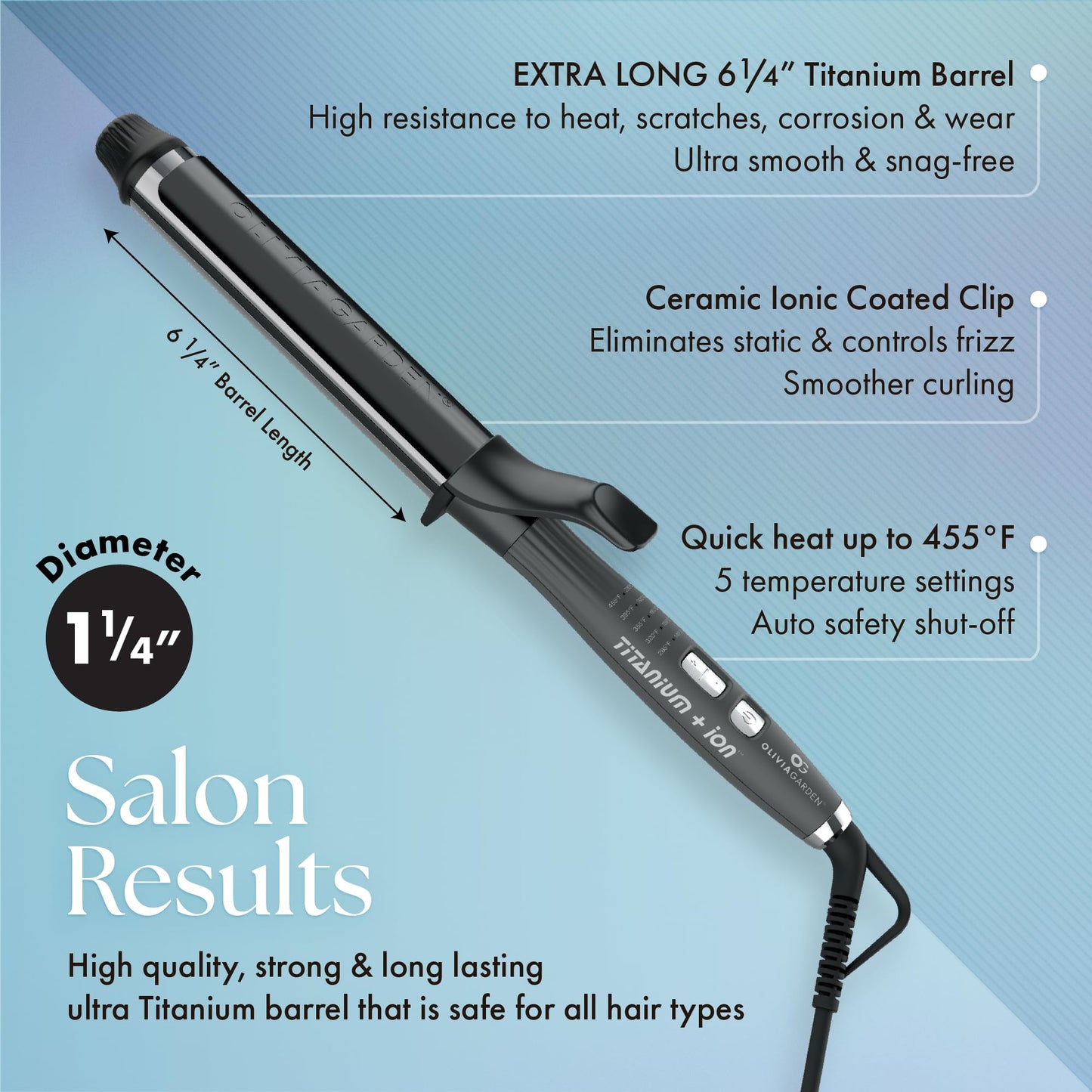 Olivia Garden Titanium + Ion Professional Curling Iron for All Hair Types - Includes Heat Resistant Heat Mat/Pouch and 1 Detangling Brush - 5 Heat Settings - 1.25” Long Barrel Diameter
