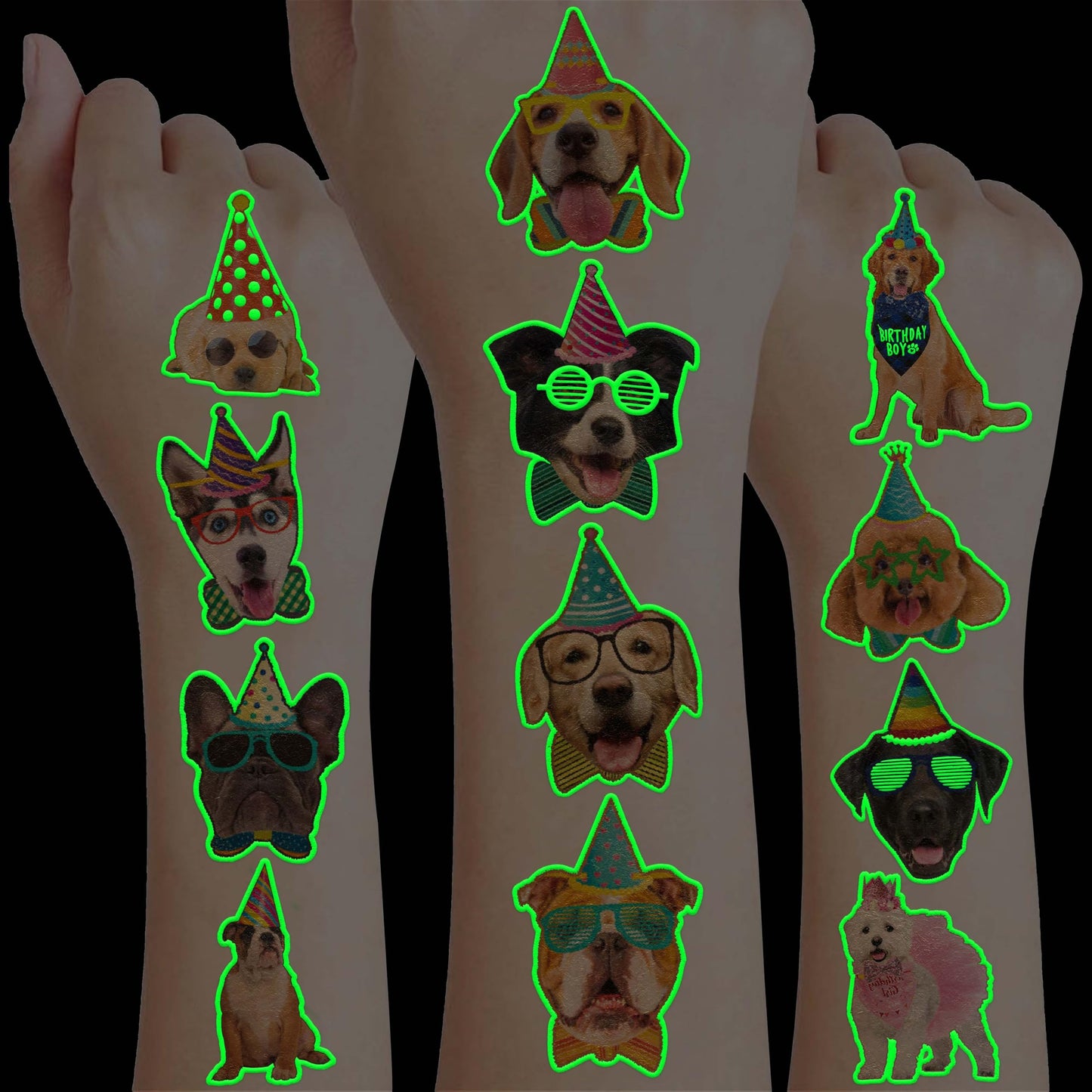 96PCS Dog Party Temporary Tattoos Stickers for Kids, Glow Dog