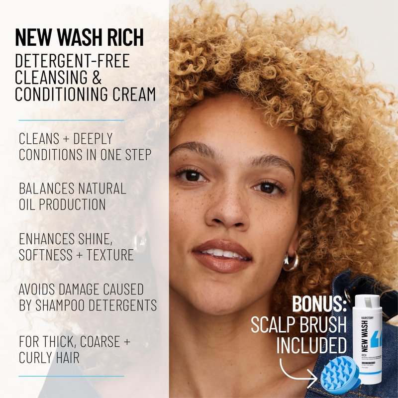 Hairstory New Wash Rich with Bonus Scalp Brush – Detergent Free Shampoo for Thick Curly Coarse Hair, Sulfate Free Deep Moisture Cleansing Cream, 8 Fl Oz Refillable Bottle