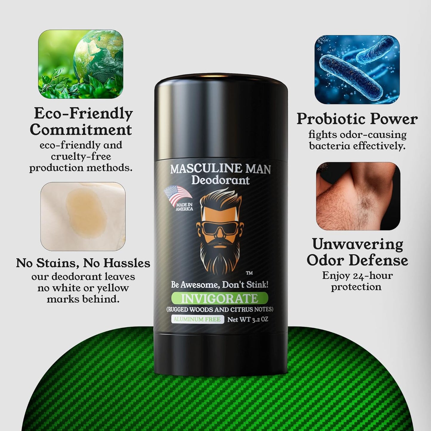 Aluminum-Free Men's Deodorant - Natural Sweat Protection | Stain-Free Stick, 3.2oz (Pack of 2)