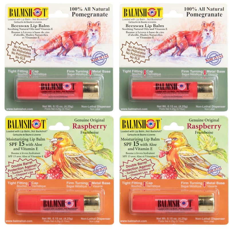 BALMSHOT Lip Balm 4-Pack | SPF 15 Beeswax Formula in Pomegranate & Raspberry - Durable Shotgun Shell Tube