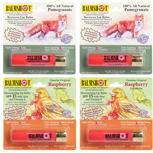 BALMSHOT Lip Balm 4-Pack | SPF 15 Beeswax Formula in Pomegranate & Raspberry - Durable Shotgun Shell Tube