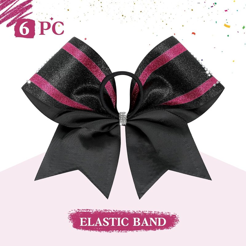 Large Glitter Cheer Bows - 6PCS Black & Pink Rhinestone Hair Bows for Cheerleaders | Stiff Design, 8-Inch
