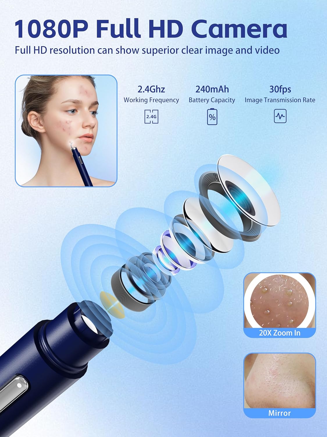 Blackhead Remover Tool Kit with Camera - 20X 1080P Pore Cleaner for iPhone/Android | Blue