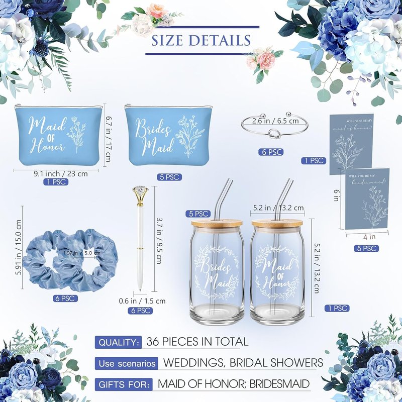 Bridesmaid Proposal Gifts Set - 36 Pcs Including 16 oz Glass Cups, Cosmetic Bags & Bracelets | Blue