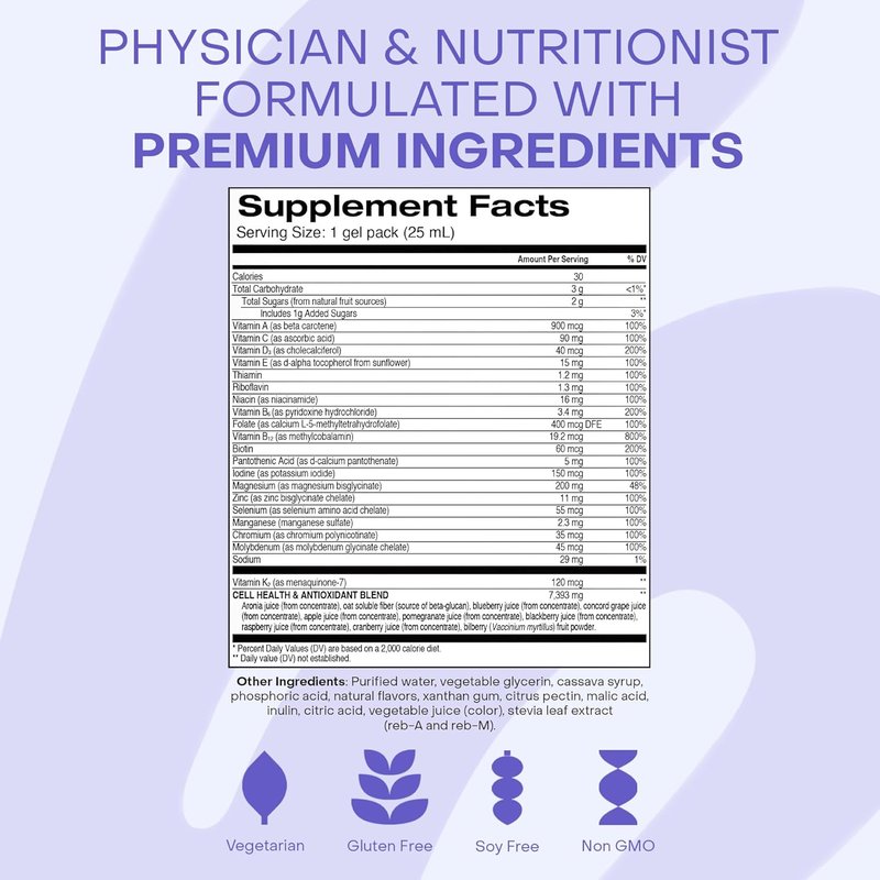Bioactive Daily Liquid Multivitamin - 20+ Essential Vitamins & Antioxidants for Brain, Heart, Immune Support | 14 Gel Packs