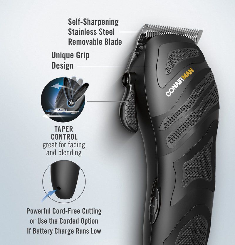ConairMAN Number Cut, Cord/Cordless Men’s Hair Clippers and Trimmers Set, Includes Barber Comb and Scissors, Cleaning Brush, Oil, Blade Guard and Deluxe Storage Case, At-Home Clipper Kit, Rechargeable