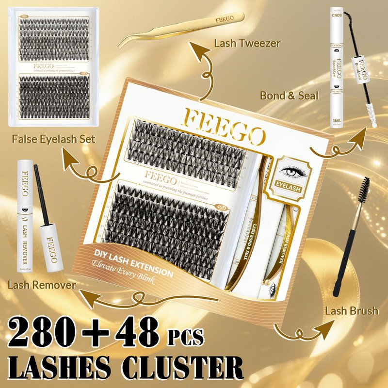 FEEGO Charming Kits 30D+40D D Fluffy Eyelash Extensions Kit, 280pcs Lash Clusters Wispy 9-16mm Applicator for Beginners, Individual Lashes, Lash Bond, Seal Glue, Remover (3040D Charming Kit)