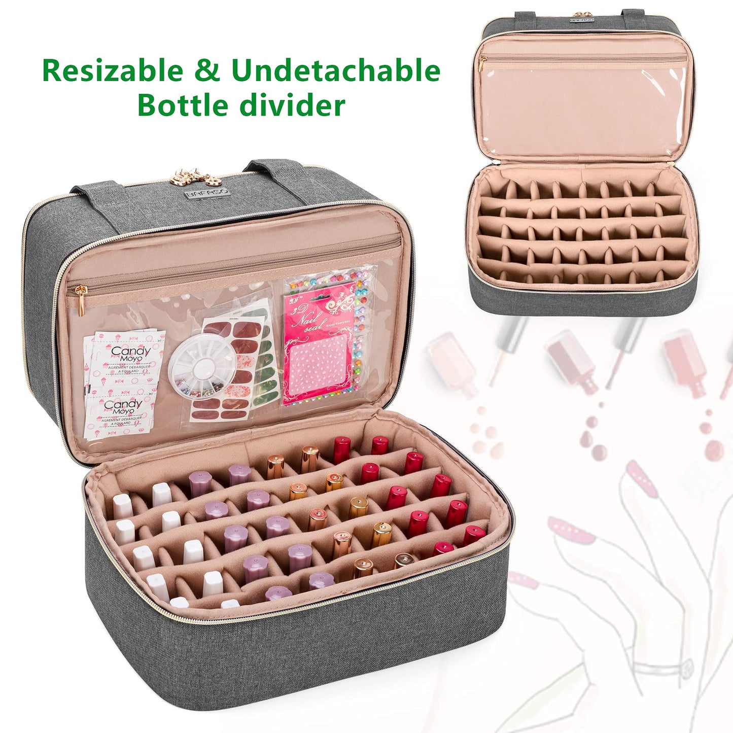 BAFASO Nail Polish Organizer Holds 40 Bottles (15ml - 0.5 fl.oz) and a Nail Lamp, Nail Polish Carrying Case with Manicure Tools Storage Sections (Bag Only), Gray