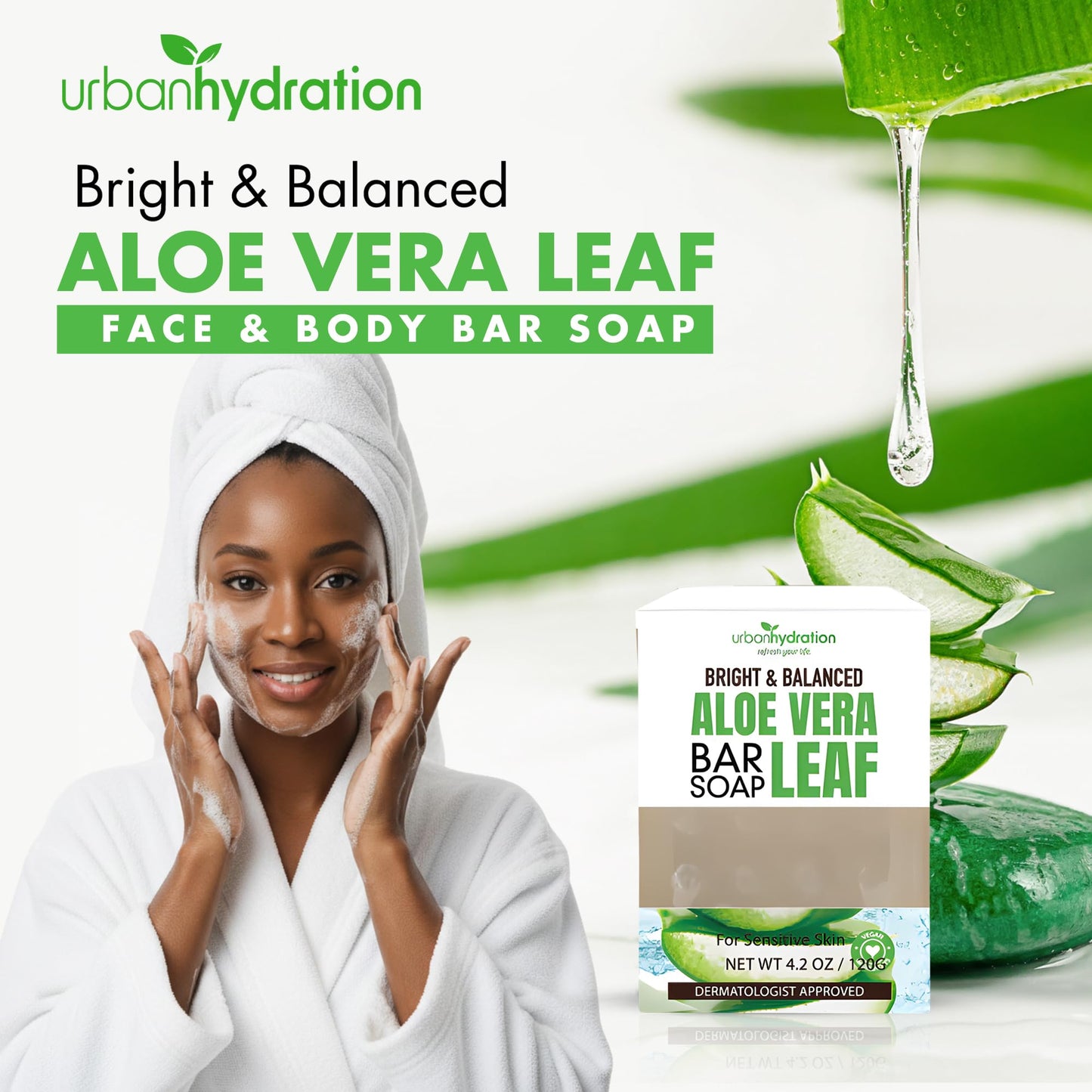 Urban Hydration Aloe Vera Face & Body Bar Soap 6 Pack | Suitable for Daily Use, Silicone, Paraben, Polybead and Sulfate Free, Safe for Oily, Psoriasis and Eczema Prone Skin | 4.2 Ounces