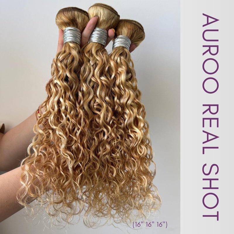 AUROO 27/613 Ombre Blonde Bundle Human Hair Water Wave, 13A Grade Highlighted Multi-Blonde Human Hair Wet n Wavy Curly Single Bundles 100% Raw Brazilian Silky Colored Hair Weaves Extension 10 Inch