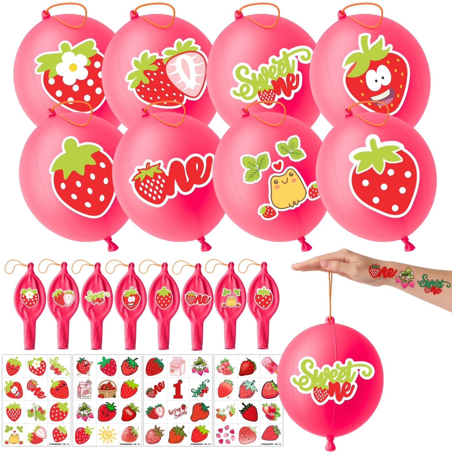 72 PCS Strawberry Party Favors - 48 PCS Temporary Tattoos & 24 PCS Punch Balloons Combo - Birthday Gifts & Goodie Bag Fillers