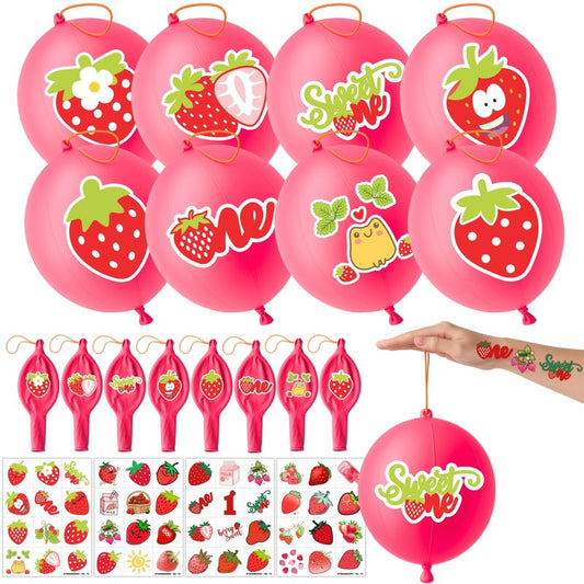 72 PCS Strawberry Party Favors - 48 PCS Temporary Tattoos & 24 PCS Punch Balloons Combo - Birthday Gifts & Goodie Bag Fillers