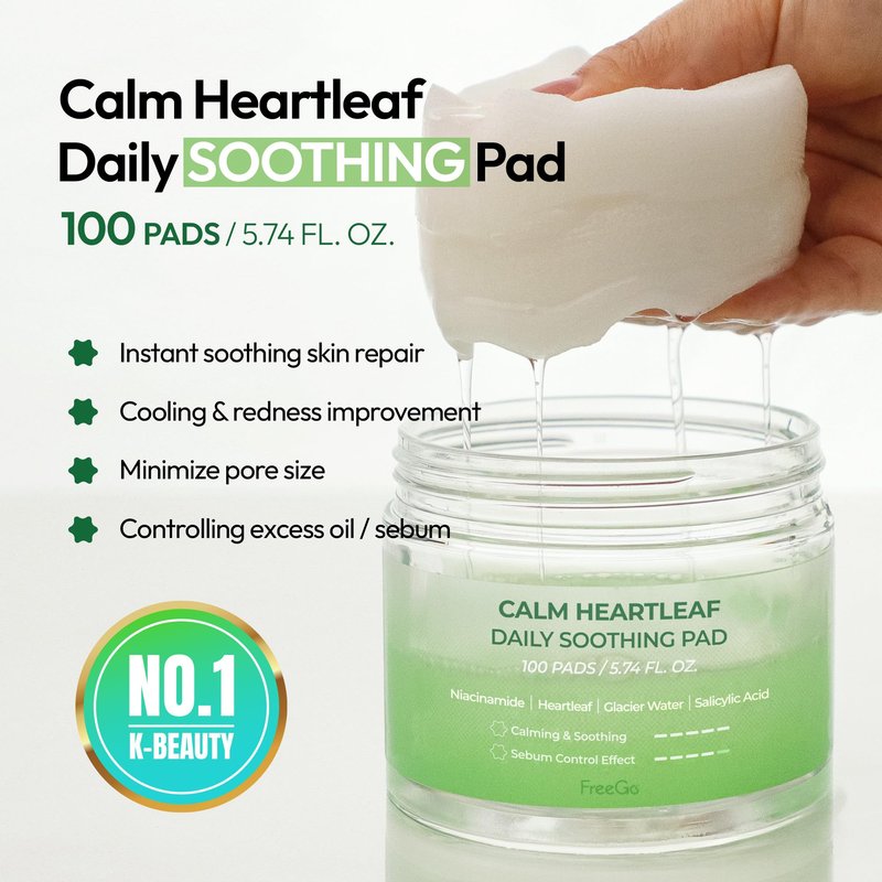 FreeGo Calm Heartleaf Daily Soothing Pad (100 Pads), K-Beauty Korean Skincare Facial Toner Pads for Sensitive or Pimple-Prone Skin, Instant Soothing Skin Repair, Korean Skin Care for Dark Spots