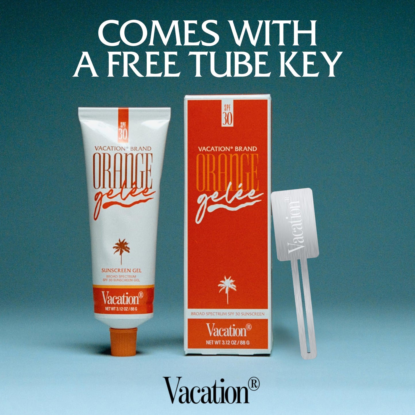 Vacation Orange Gelée SPF 30 Sunscreen Gel and Tube Key Bundle, 3.12 Fluid Ounces - Hydrating Balm-to-Oil Tanning Gel, Transparent, Water-Resistant, Travel Size