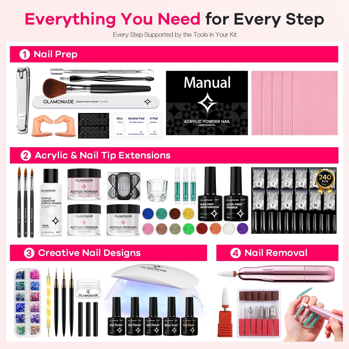 Glamonade Acrylic Nail Kit for Beginners: Professional Nail Set with Drill Acrylic Powder Gel Polish Nail Stamp for Home Starter Practice & DIY Manicure